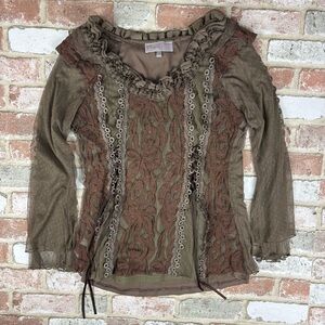 Pretty Angel Taupe Lace Crochet Silk Blend Top Steampunk Ethereal Witchy Sz Smal